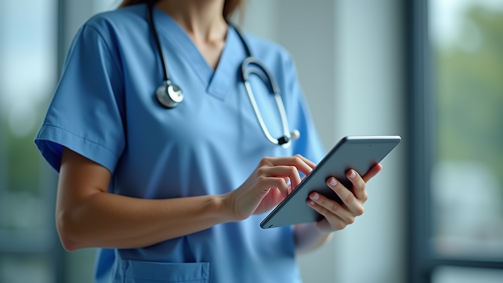 Close-up view of a healthcare professional using a tablet device