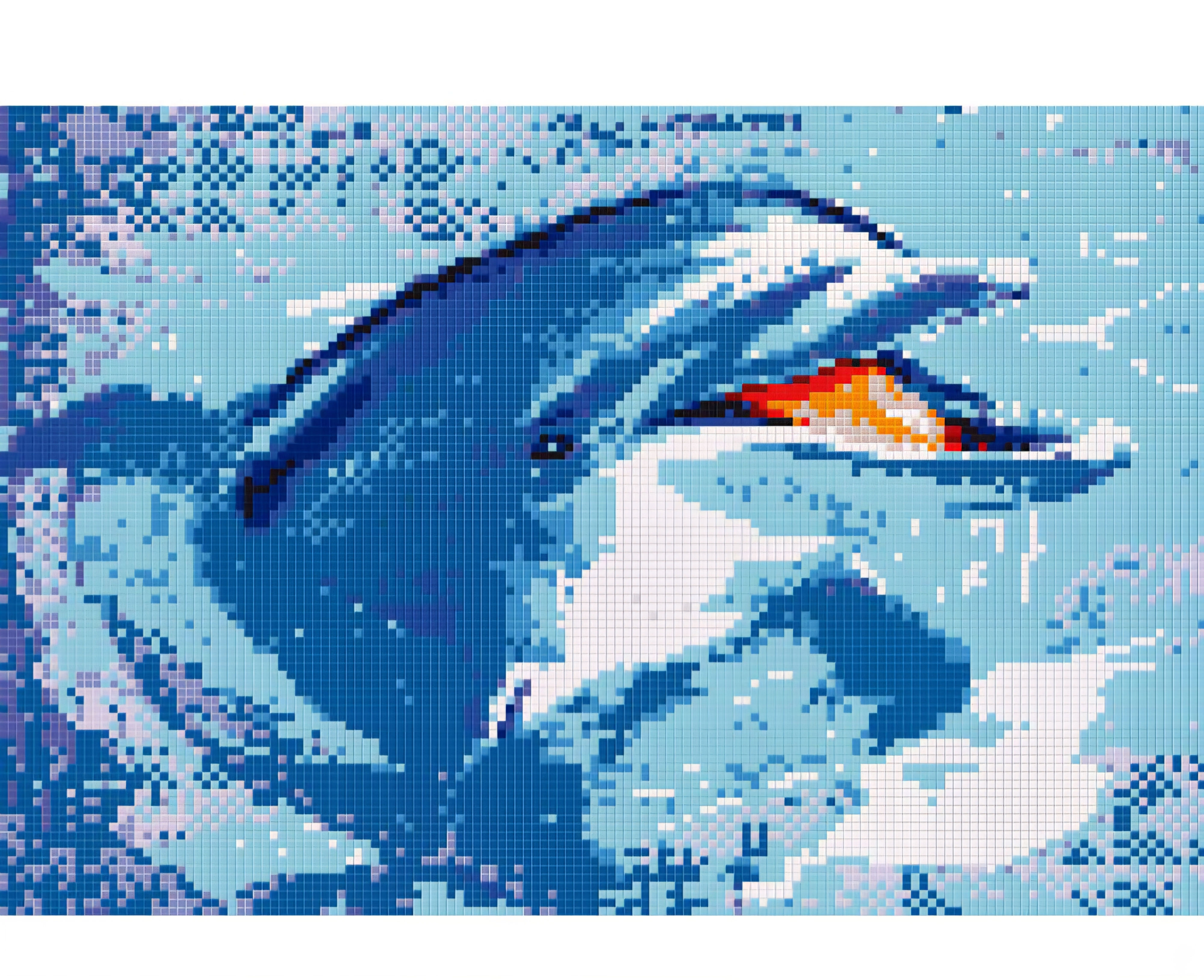 Pixelated dolphin in blue water, mouth open, Baja Pools Art.