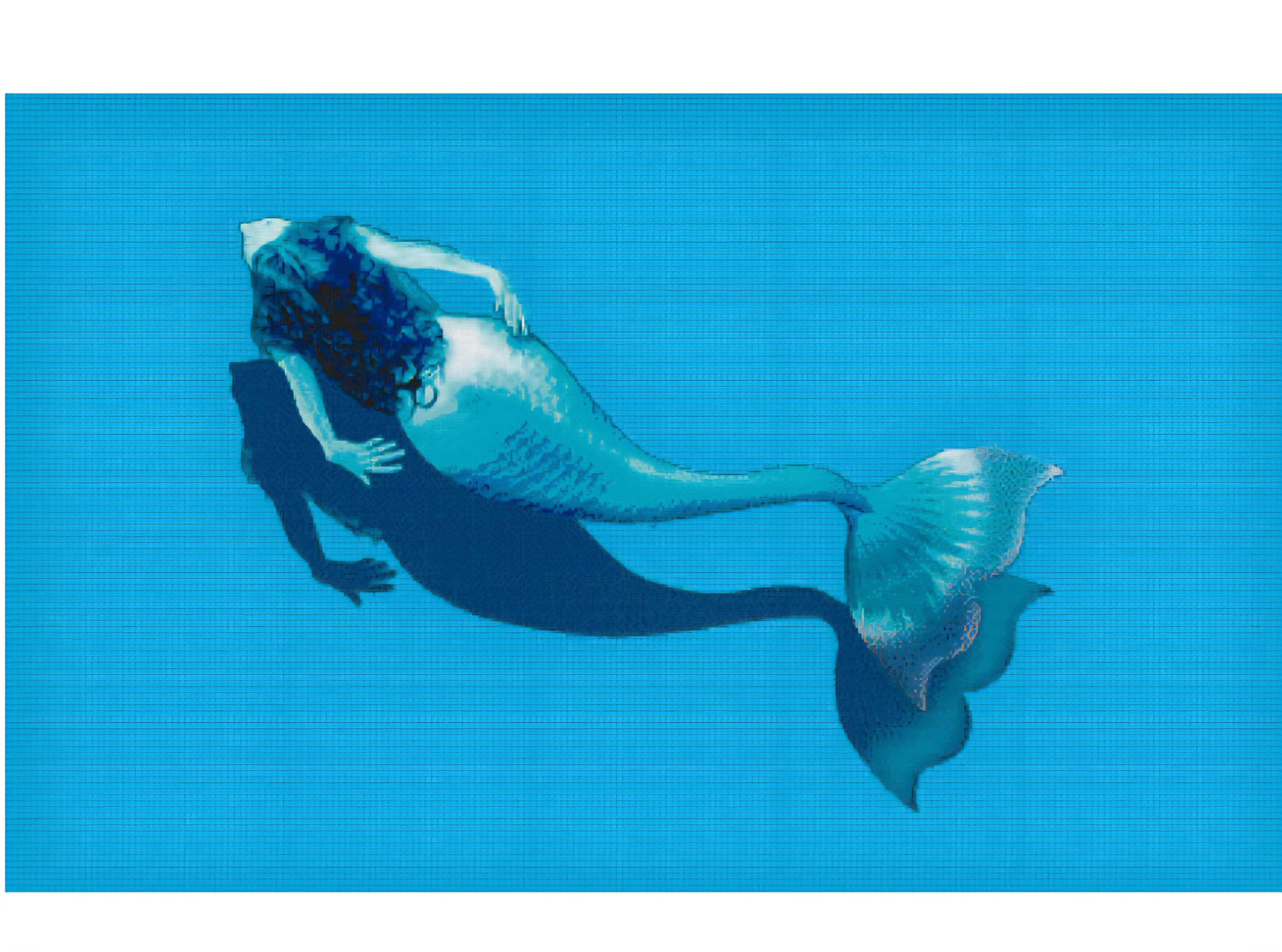 A mermaid swims gracefully underwater, blue background, long hair, beautiful tail.