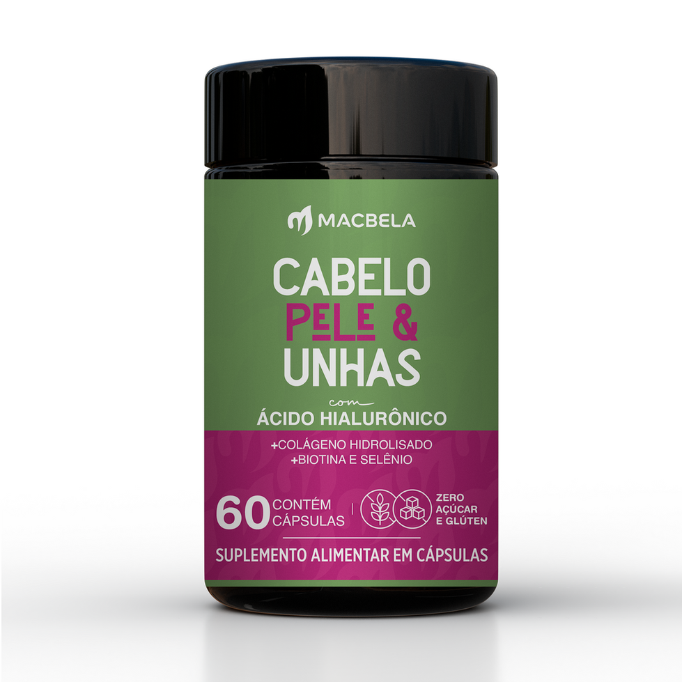 Frasco do produto Macbela Cabelo, Pele e Unha com destaque no rotulo em verde