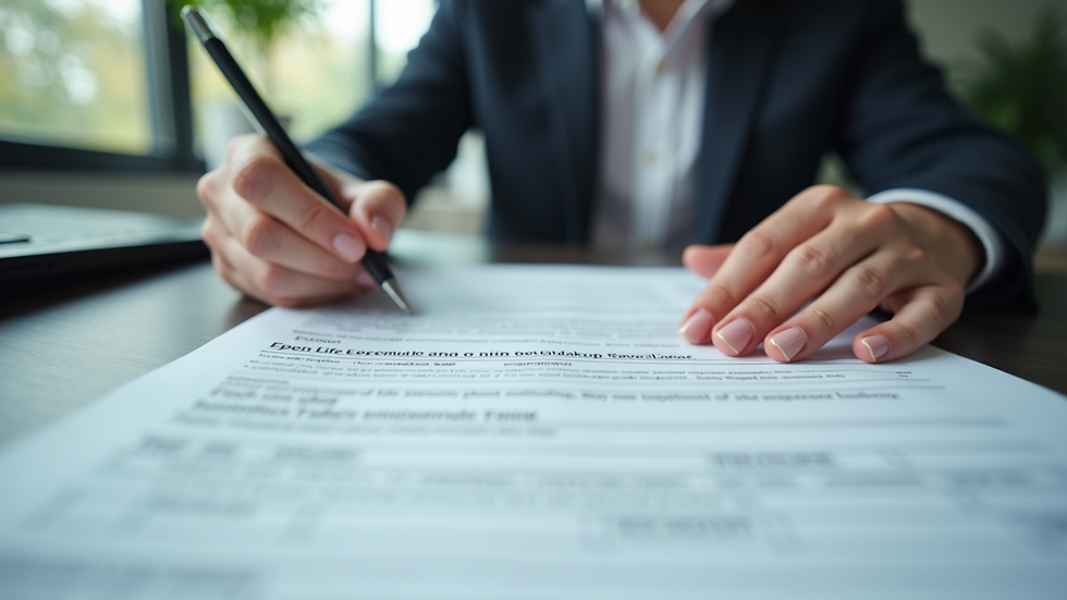 Eye-level view of a person reviewing life insurance documents at a desk