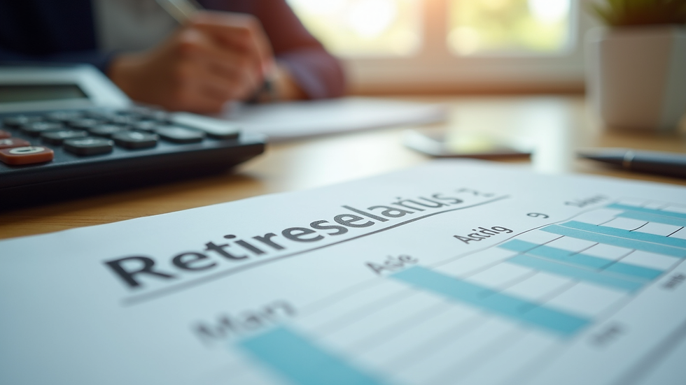 Eye-level view of a calculator and retirement planning papers on a table
