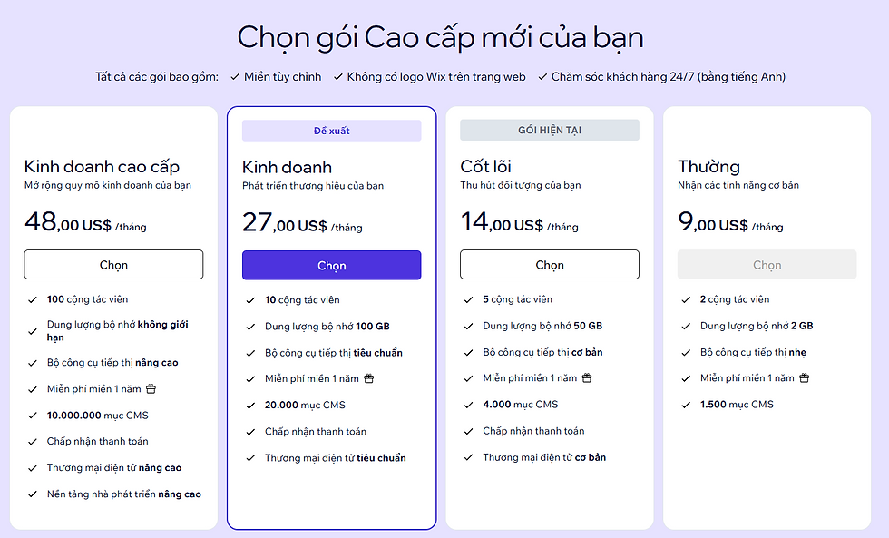 Bảng giá Wix chưa khuyến mãi