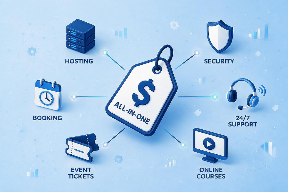 Gói Wix đã bao gồm: Hosting, Security, Booking, 24/7 Support, Event Tickets, Online Courses....
