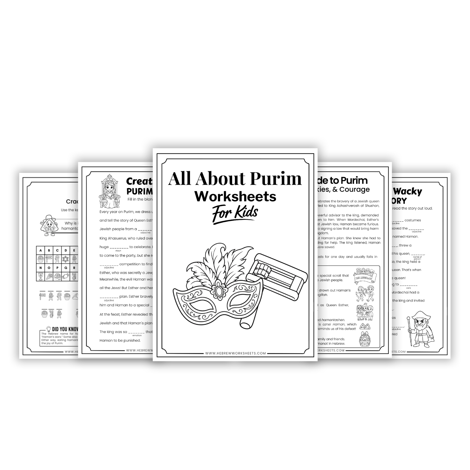 Purim Worksheets: B&W Edition