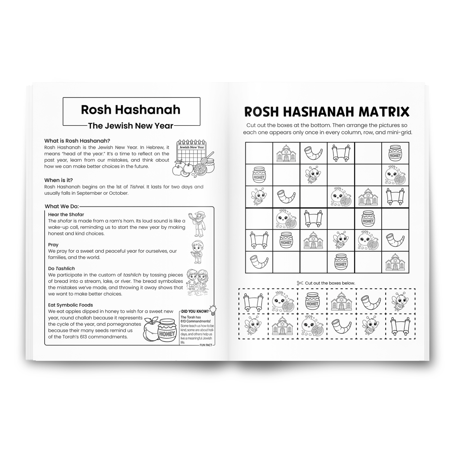 Rosh Hashanah Worksheets: Black & White Collection