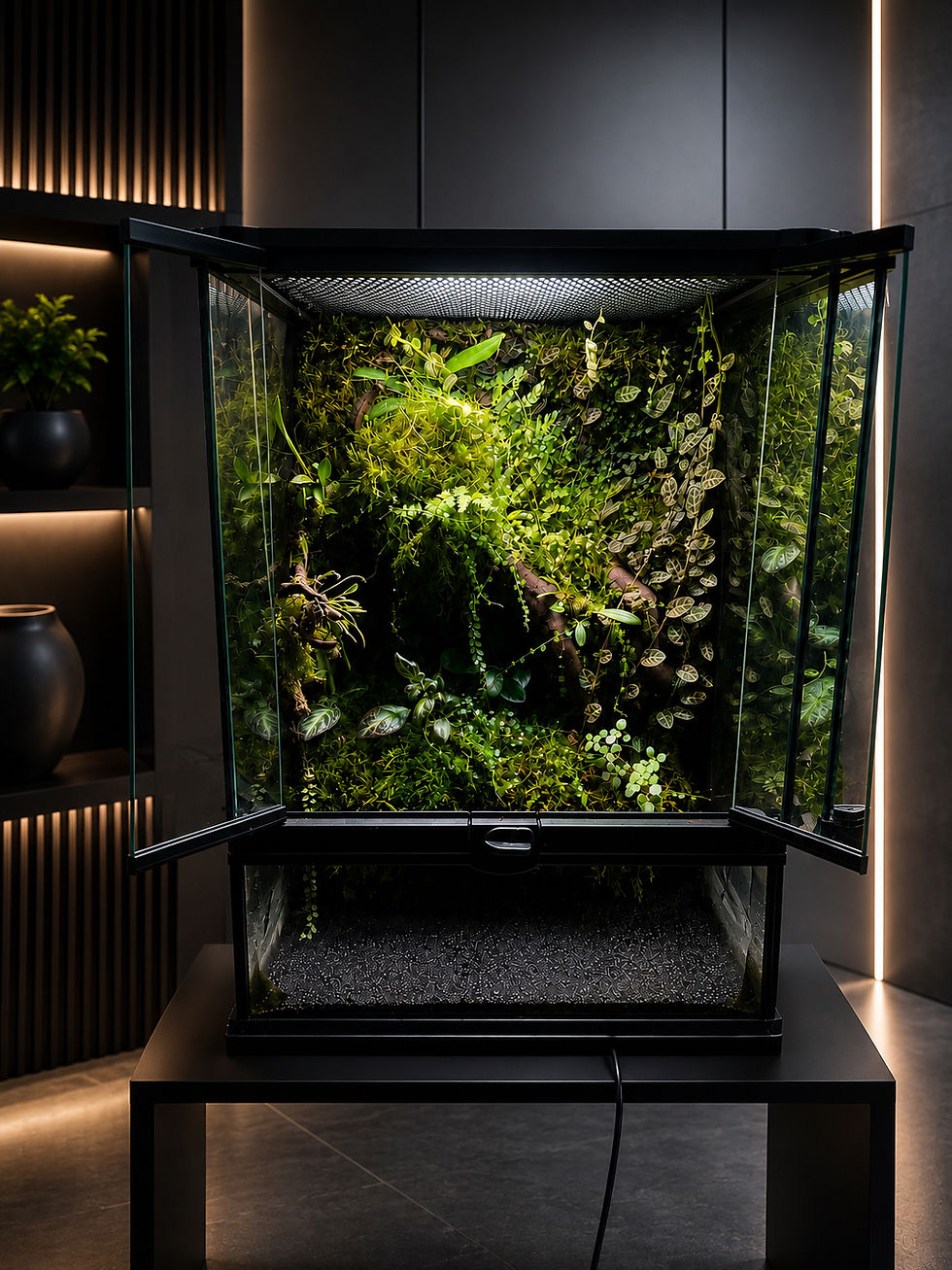 Eye-level view of a terrarium with lush green plants