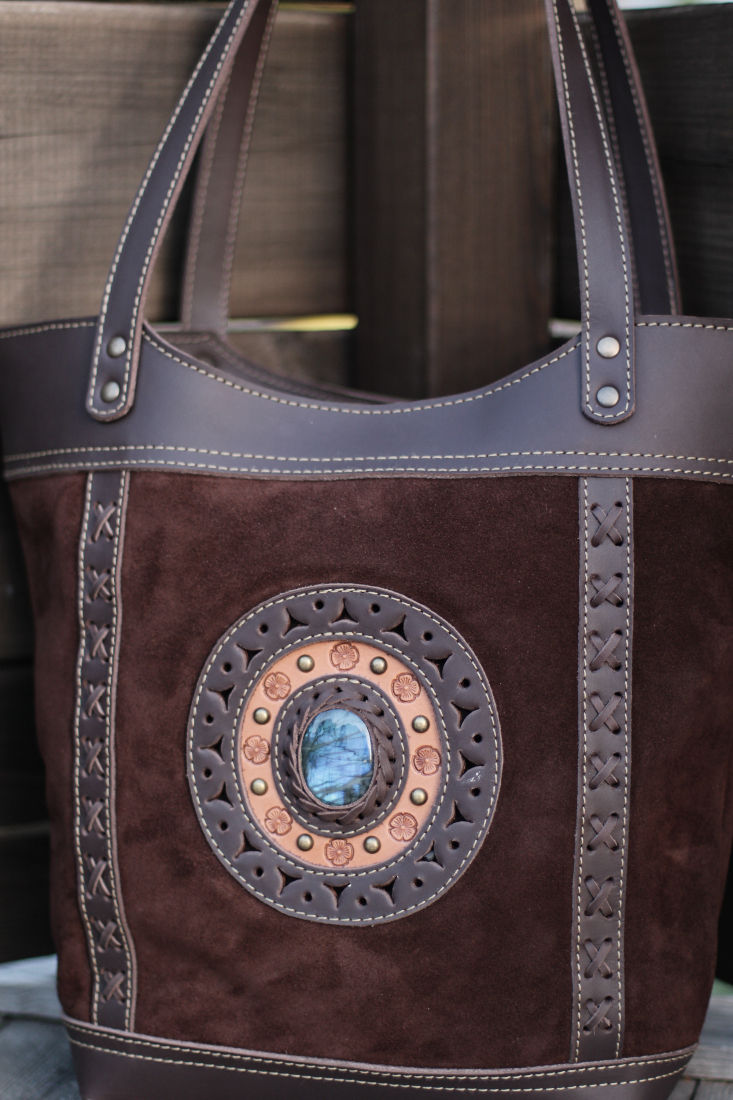 Thumbnail: Tote Bag - Leather Shoulder Bag - with Labradorite stone  ✰Leather Bag✰