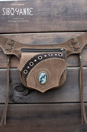 【DISCERNMENT】Lapa leather belt shoulder bag Festival Utility Belt -Hip Bag -Pocket Belt with LABRADORITE