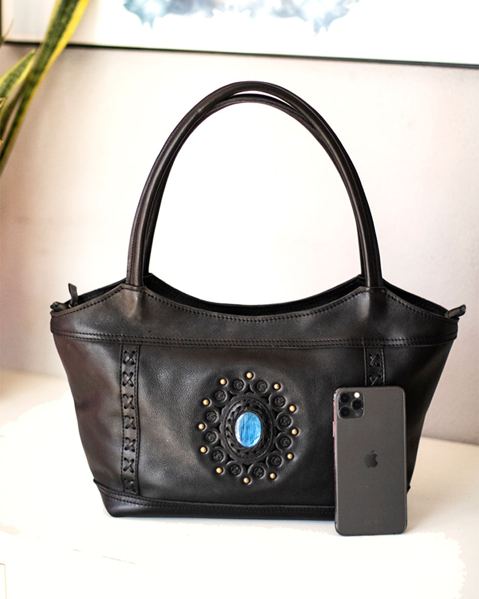 Thumbnail: Leather Shoulder Bag with Labradorite stone  ✰Leather Bag✰ Handbag