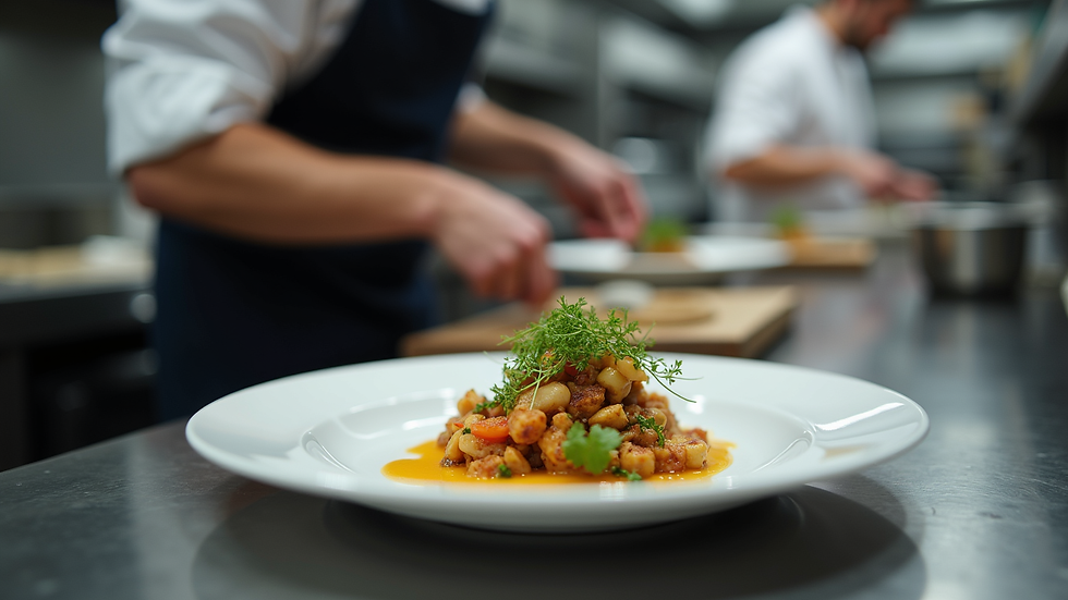 Close-up view of a chef plating a gourmet dish in a professional kitchen
