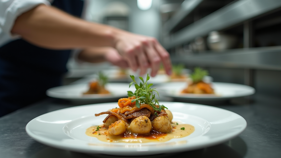 Close-up view of a chef plating a gourmet dish in a professional kitchen
