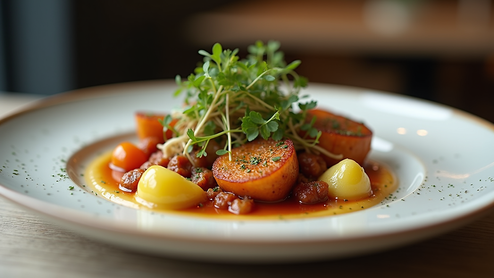 Eye-level view of an elegant plated gourmet dish with fresh ingredients