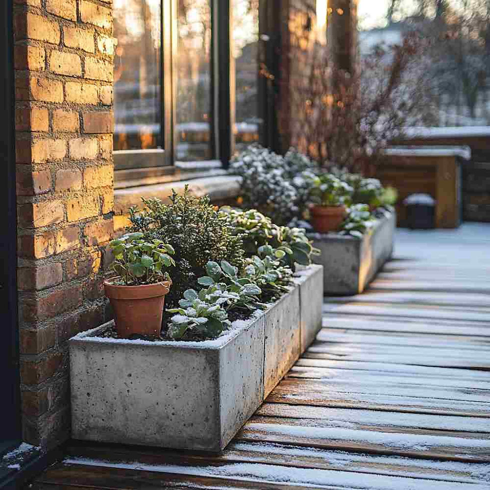 concrete planters filled with plants placed against the side of a wall in winter