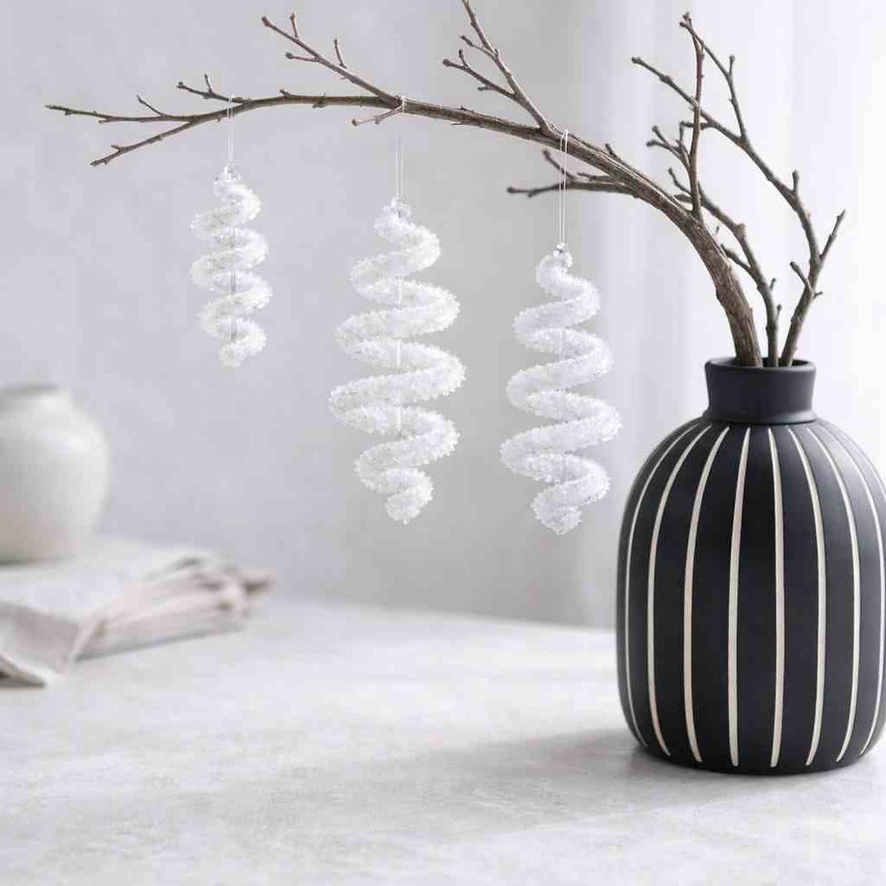 white borax crystals hanging of a artfully arranged branch in matte black vase with white stripes 