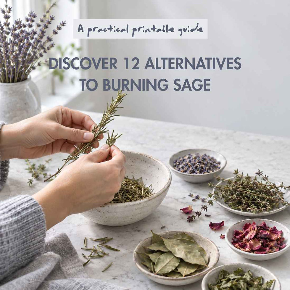 Woman preparing dried rosemary with lavender, thyme, bay leaves, mint and rose petals as alternatives to sage.