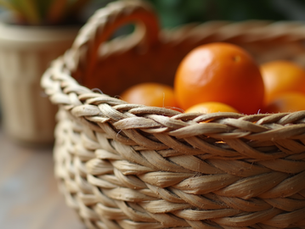 Close-up view of a handwoven basket with natural fibres