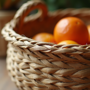 Close-up view of a handwoven basket with natural fibres