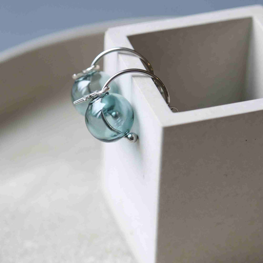 BlueGreen Glass C-Shaped Earrings - Silver and Gold