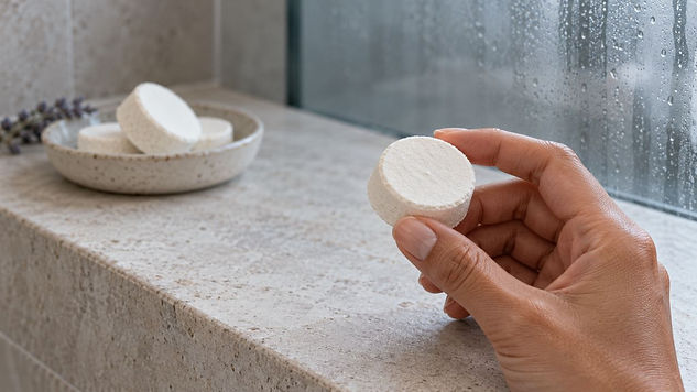 Hand die een witte zelfgemaakte douche-steamer vasthoudt boven een keramisch schaaltje op een stenen badkamerplank.