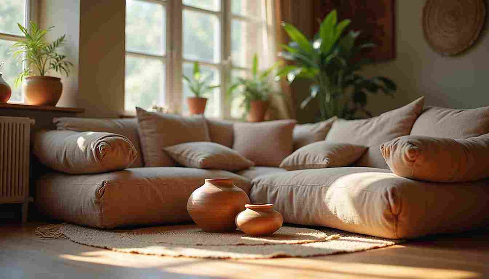 Eye-level view of a living room corner with handmade pottery and textiles