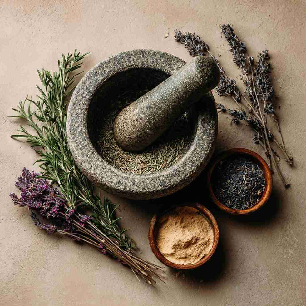 Flat lay on a soft neutral background. A round stone mortar and pestle with dried herbs. Include a small bowl of makko powder and some dried rosemary and lavender.