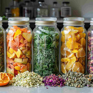 Glass jars filled with dried herbs, fruits and spices