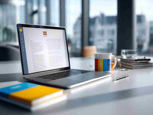 A clean, professional workspace with a sleek laptop open on a bright white desk. On screen, structured text is visible (representing the Brandwyse Master Prompt). Bold accents in primary colours (blue, red, yellow) appear in small details such as a notebook cover, a pen, or a coffee mug giving a crisp and contemporary feel.