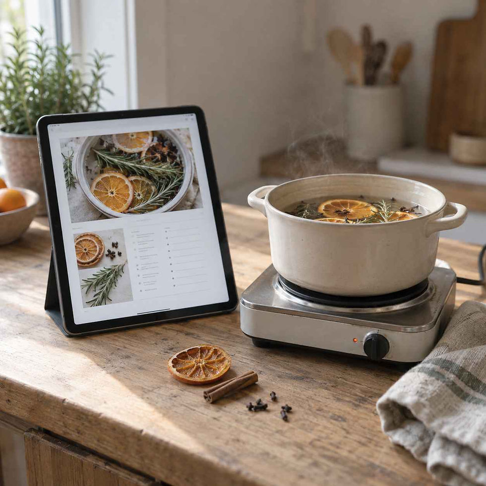 Digital simmer pot recipe displayed on an iPad beside a small ceramic pot on an electric hot plate.
