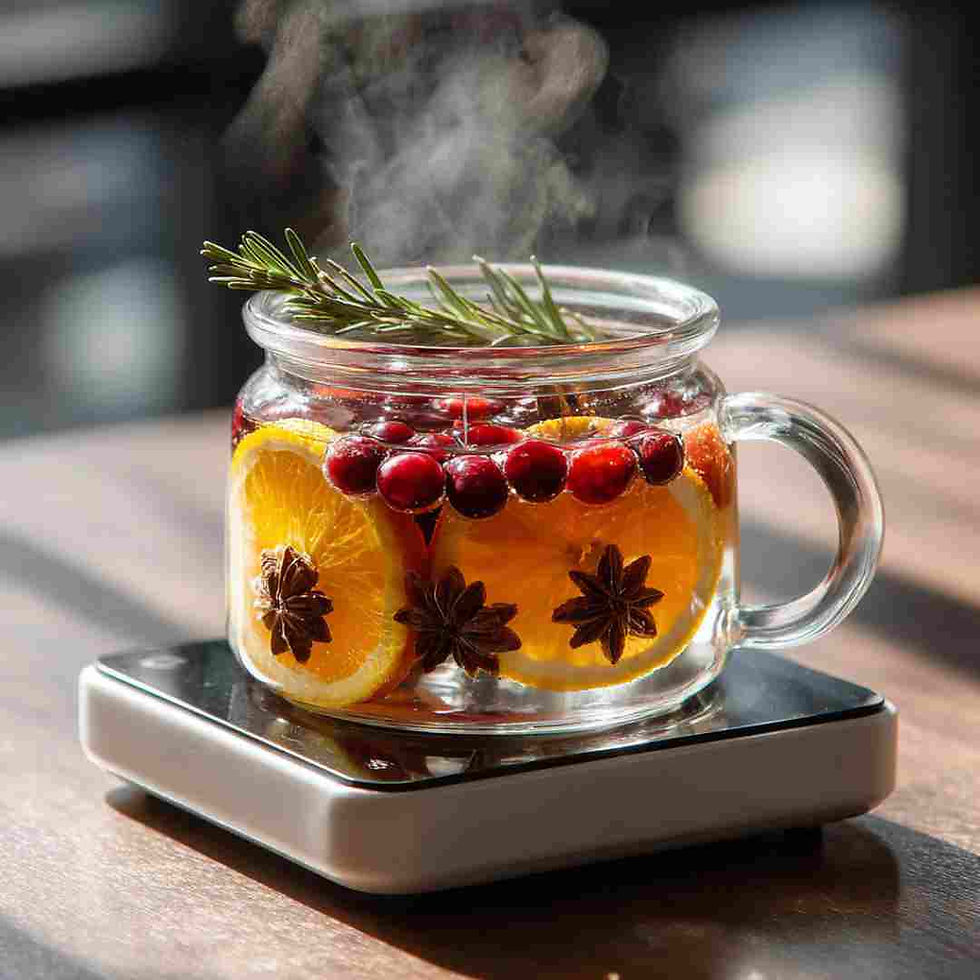A small glass pot styled as a mini simmer pot placed on top of a sleek coffee warmer. The pot is filled with water, slices of orange, a few cranberries, sprigs of rosemary, cinnamon sticks, and star anise floating on the surface. 