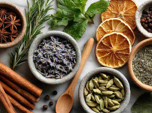 Flat lay of assorted herbs and spices arranged naturally on a white marble background cinnamon sticks, dried orange slices, rosemary sprigs, lavender buds, cardamom pods, and mint leaves. Include small ceramic bowls, a wooden spoon, and a soft, diffused natural light setting