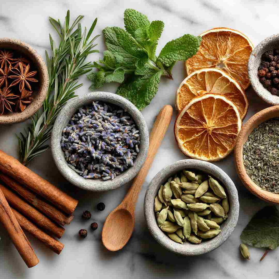 Flat lay of assorted herbs and spices arranged naturally on a white marble background cinnamon sticks, dried orange slices, rosemary sprigs, lavender buds, cardamom pods, and mint leaves. Include small ceramic bowls, a wooden spoon, and a soft, diffused natural light setting