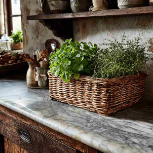 a marble kitchen counter with a wicker basket filled with nettle, thyme