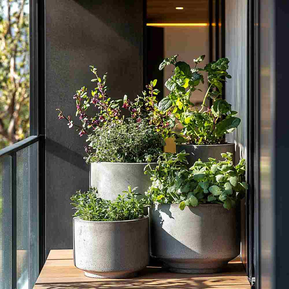 Concrete Plant Pots filled with foliage and herbs