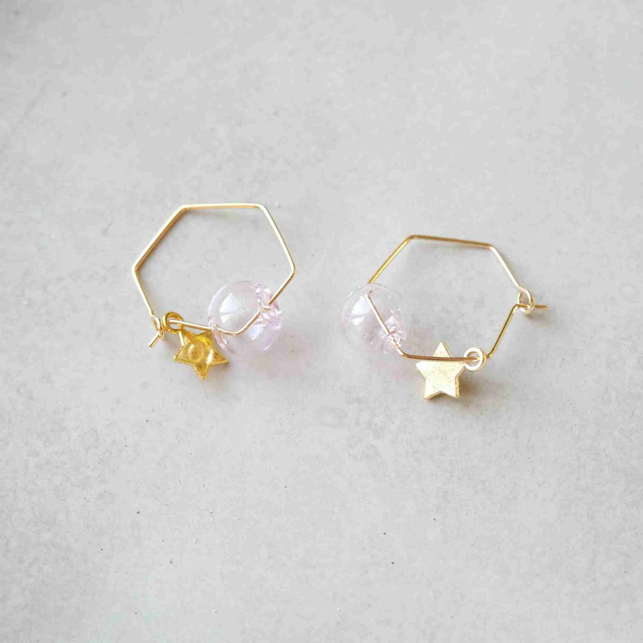 Mini Pink Glass Bubble Earrings - gold hoop