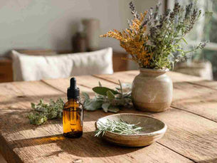 Bright indoor scene with soft natural daylight. A simple wooden table styled with an amber glass dropper bottle of golden body oil, a small ceramic dish, and sprigs of fresh herbs (sage, rosemary, lavender). Clean white walls, uncluttered space, and airy atmosphere.