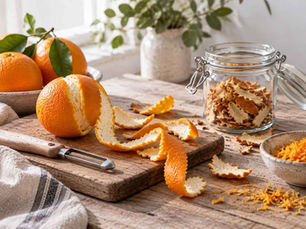 Verse sinaasappels, losse sinaasappelschillen, gedroogde schil en fijn geraspte zest op een lichte houten keukentafel.