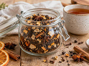 Homemade Christmas tea blend with dried orange, cinnamon and spices in a glass jar.