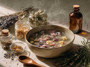 A ceramic or glass bowl filled with steaming water and floating dried herbs (such as rose petals, chamomile, lavender).