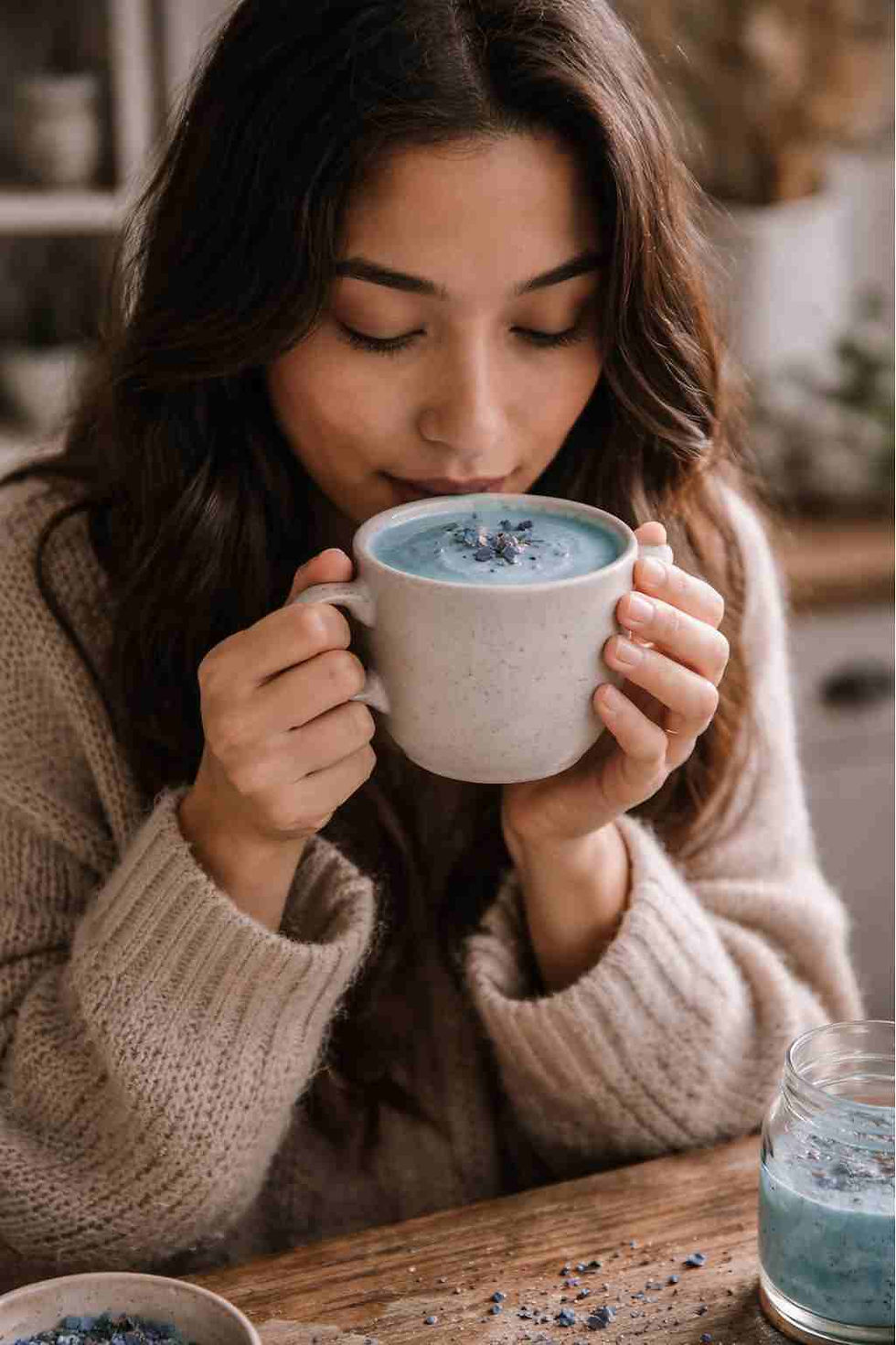 a young woman drinking a Blue Spirulina Latte from a ceramic cup