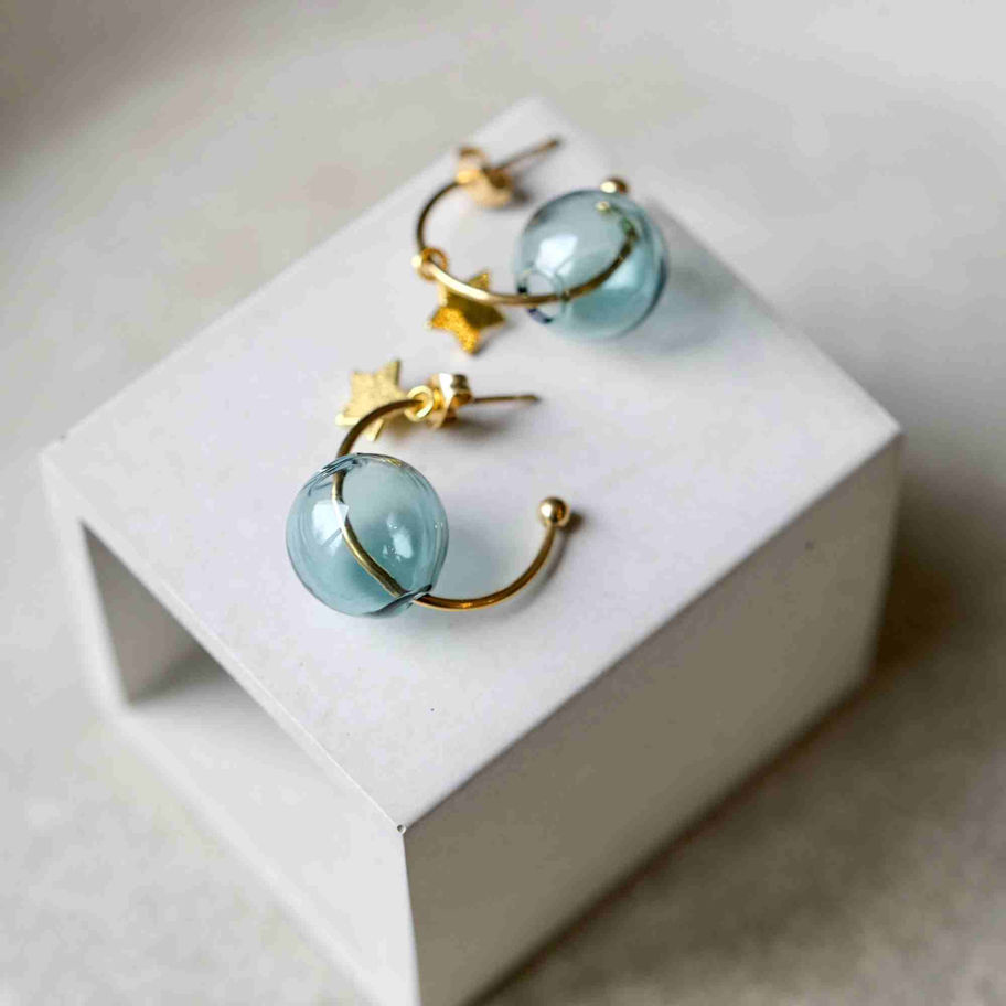 BlueGreen Glass C-Shaped Earrings - Silver and Gold
