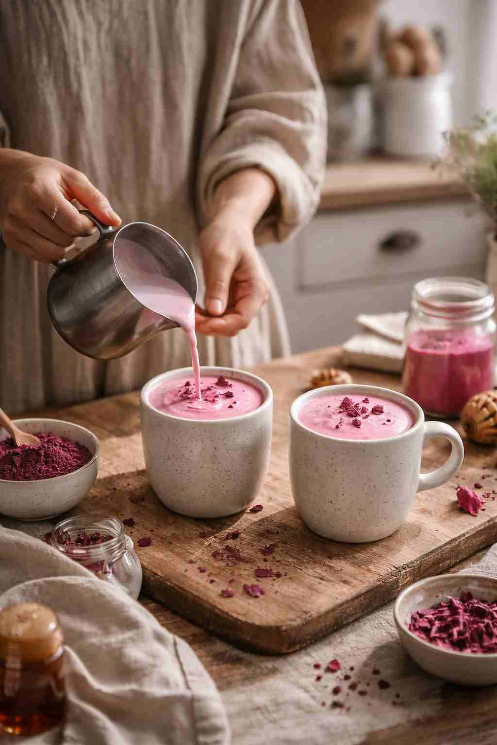a woman pouring 2 Pink Beetroot Lattes in ceramic cups