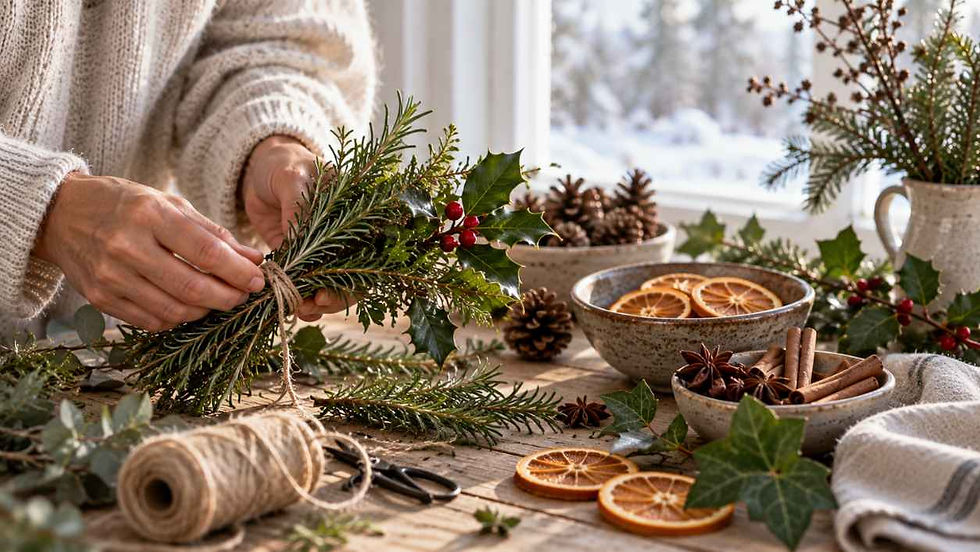 Hands tying a bundle of winter solstice botanicals with evergreen, holly, rosemary and berries beside dried orange slices, pinecones and spices.