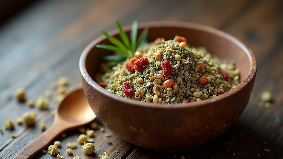 High angle view of a bowl of mixed dried herbs and flowers