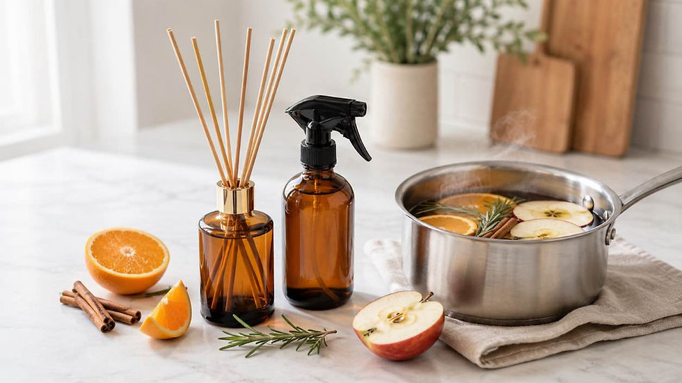 Amber reed diffuser and room spray beside a steaming autumn simmer pot with apple, orange, cinnamon and rosemary