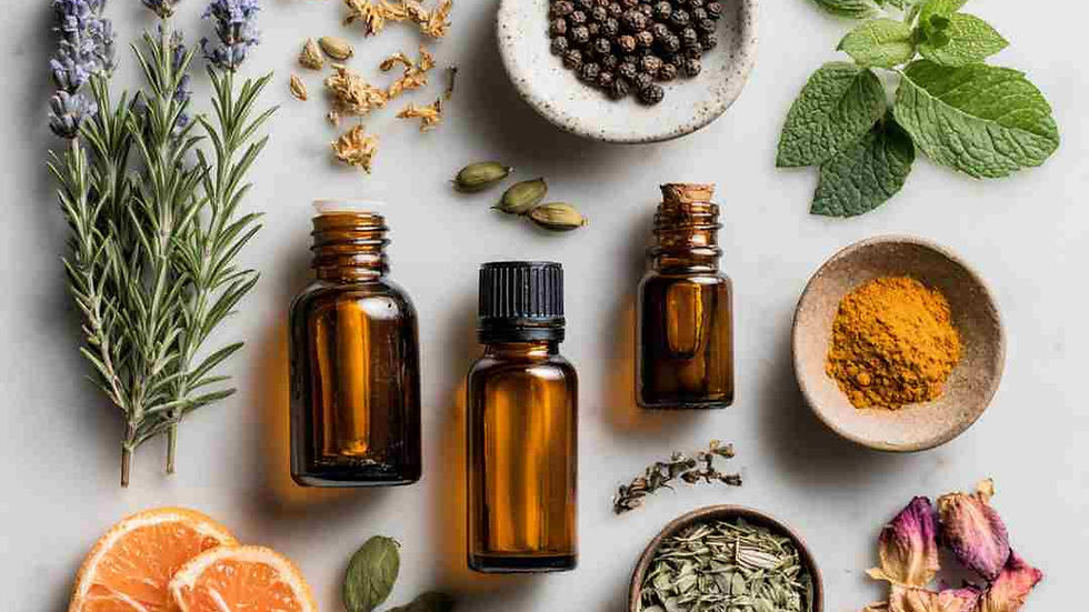 Flat lay composition on a clean white background in a minimal, modern apothecary style. Feature small amber glass bottles, a white ceramic dish with black peppercorns, dried lavender sprigs, a sprig of fresh rosemary, chamomile flowers, a few fresh mint leaves, cardamom pods, turmeric powder in a tiny bowl, grapefruit slices, rose petals, and basil leaves.