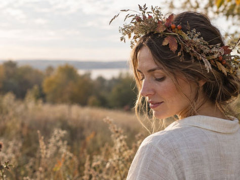 Woman wearing a handmade autumn crown of dried grasses, rosehips and seasonal leaves in a sunlit meadow.