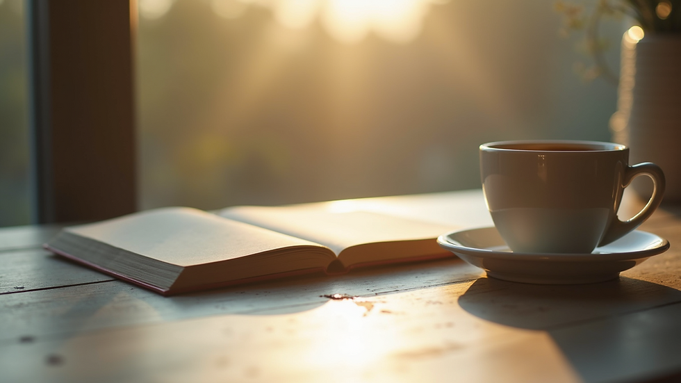 Eye-level view of a serene morning setting with a journal and coffee