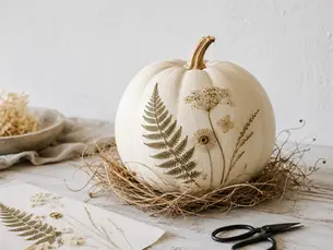 Minimal white pumpkin decorated with pressed fern and dried flowers, resting in a loose nest of dried grasses.