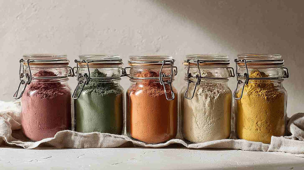 till life of botanical dried fruit and vegetable powders stored in airtight clear glass jars with clamp lids. Jars filled with beetroot powder (deep pink), spinach powder (muted green), carrot powder (warm orange), apple powder (soft cream), and turmeric powder (golden yellow).